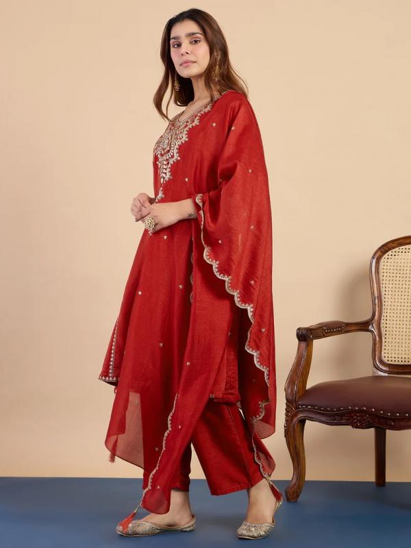 VP 9851 R Women's Rust Silk Blend Embroidered Straight Kurta Set with Dupatta